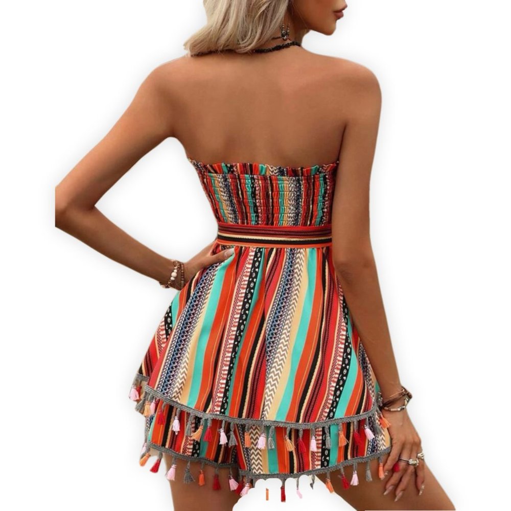 Boho Strapless Romper Multicolor Tassel Trim Summer Vacation Festival M - Picture 2 of 10